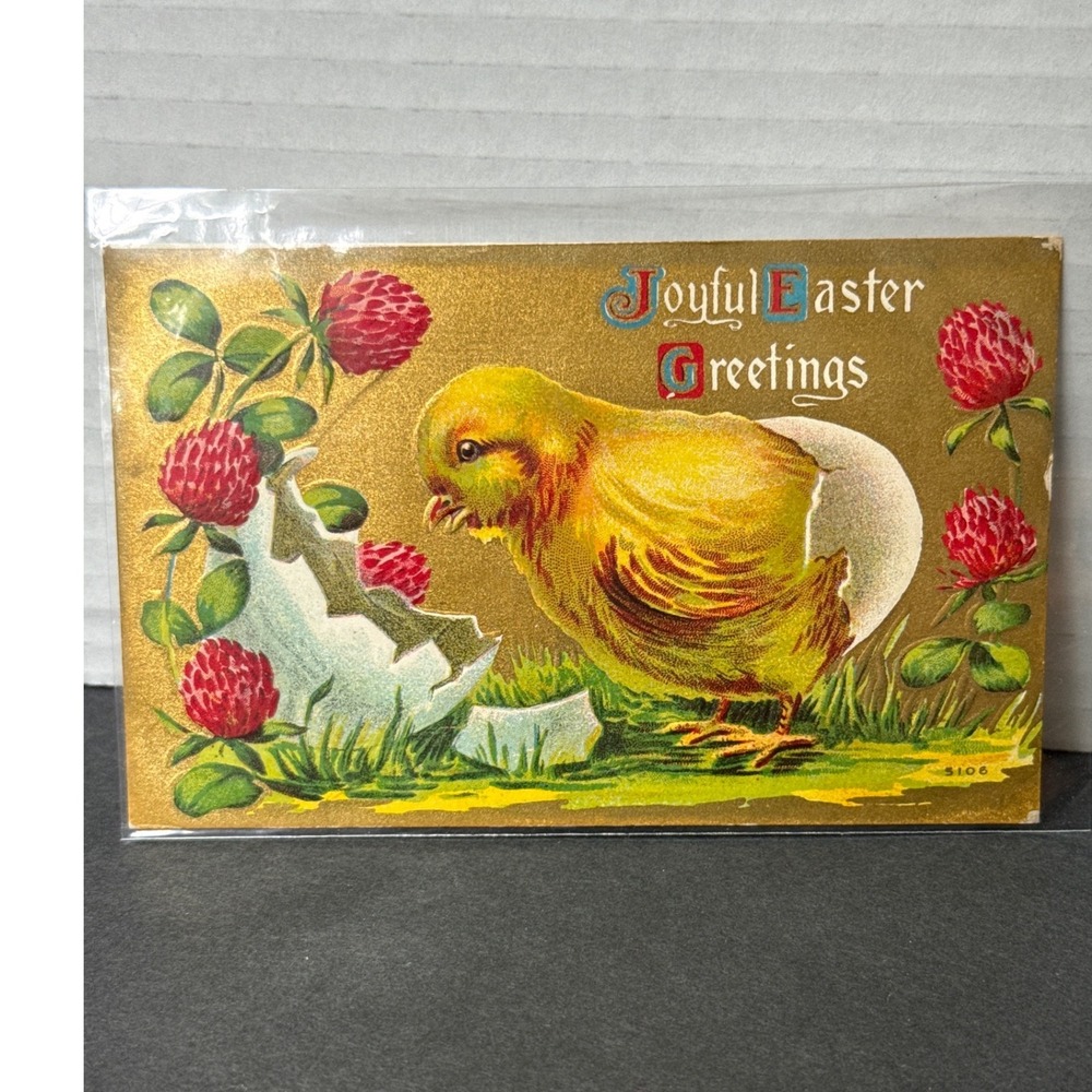 Vintage Easter Postcards 1911 Chick Red Clover Embossed Rabbits Gold Accents 2pc